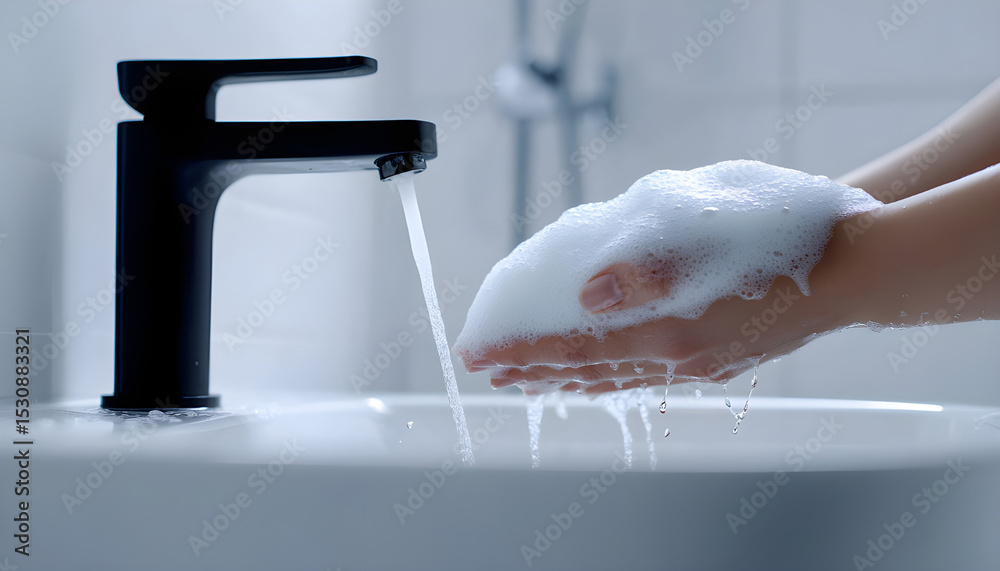 Fototapeta premium A foamy hand being washed under a modern black faucet in a luxurious bathroom with marble accents