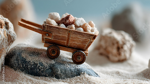Miniature wooden cart filled with colorful stones is positioned on a textured rock, surrounded by sandy terrain and natural elements, showcasing craftsmanship and detail. Selective focus