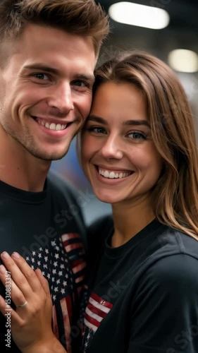 A couple smiles brightly while wearing matching American flag t-shirts, celebrating national pride and togetherness in a lively setting
