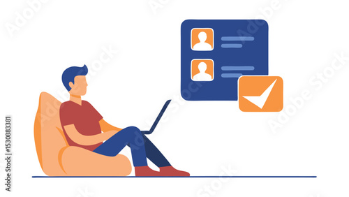 Person using laptop on beanbag chair with user interface and checkmark icon floating nearby showing task done