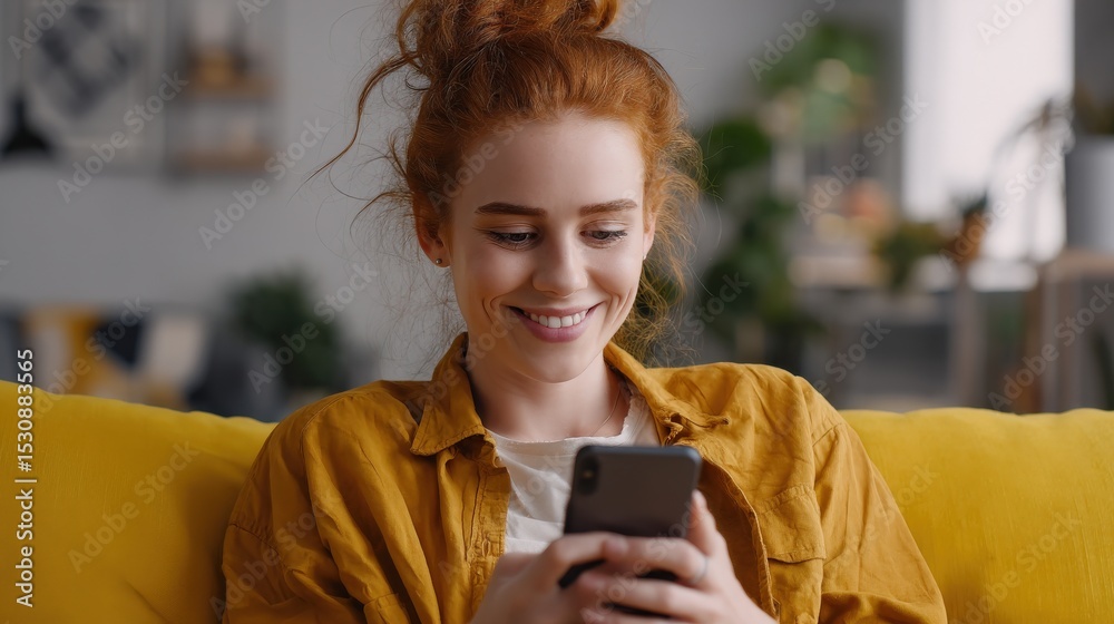 Fototapeta premium Cheerful woman scrolling through mobile shopping app on smartphone, enjoying free time at home..