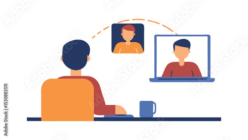 Illustration of a man video conferencing with two other people using a laptop and a separate screen