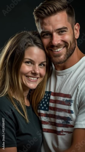 Smiling couple shows their love for the USA in matching t-shirts featuring the American flag, celebrating national pride together