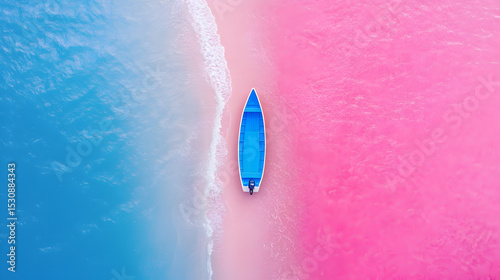 Boat on pink sand beach, aerial view