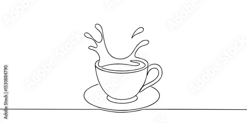 Continuous one line drawing of Coffee or tea splashes out of the cup. Single line drawing illustration of spilled coffee or tea. Coffe or tea concept vector art. Doodle line illustration.

