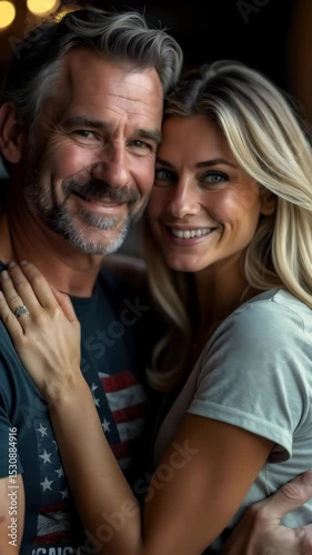 A cheerful couple shares a loving moment while wearing American flag t-shirts, embodying patriotism and happiness in a cozy atmosphere