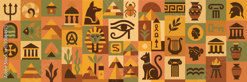 vector design illustration of atlantis civilization, ancient egypt and ancient greece in geometric style