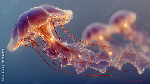 Ethereal jellyfish gracefully swimming through tranquil waters, showcasing bioluminescent features and delicate tentacles in a mesmerizing underwater scene. Selective focus