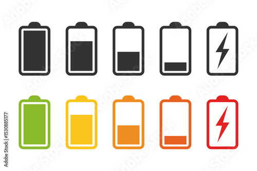 Battery charge graphic icon set. Level battery charging signs isolated on white background. Vector illustration