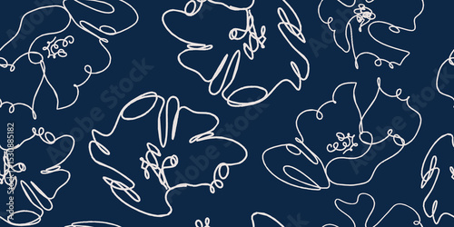 Minimalist Line Art Floral Design on Navy Pattern