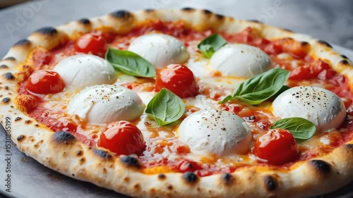 Freshly baked pizza with melted cheese, pepperoni, cherry tomatoes, mushrooms, mozzarella and basil leaves. Hot and steaming	