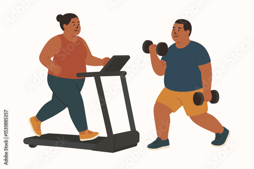 Flat Design Overweight People Exercising with Dumbbells and Treadmill Illustration