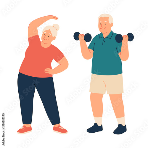 Flat Illustration of Elderly Couple Exercising Together at Home
