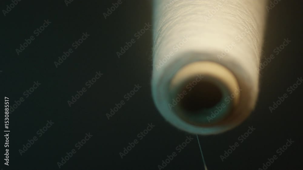 Close up of unwinding white thread of spool 
