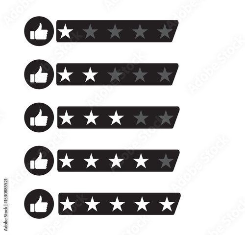 Five stars customer product rating review with thumbs up icon. Customer review rating with 5 stars and thumb up feedback. Five star rating badge, Product Positive review of customer Survey. Eps 10