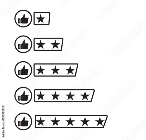 Five stars customer product rating review with thumbs up icon. Customer review rating with 5 stars and thumb up feedback. Five star rating badge, Product Positive review of customer Survey. Eps 10
