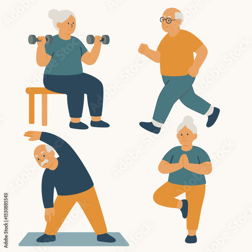 Flat Illustration Active Senior Exercising Various Poses and Activities Lifestyle