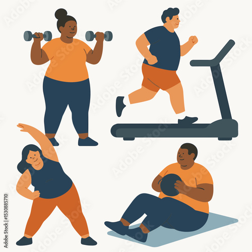 Flat Illustration Overweight People Doing Different Exercises at Gym Activity