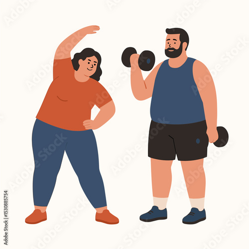 Flat Illustration Overweight Couple Exercising with Dumbbells and Stretching Body Shape