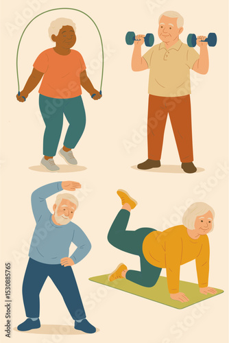 Cartoon Illustration of Active Senior People Doing Different Exercises for Healthy Lifestyle