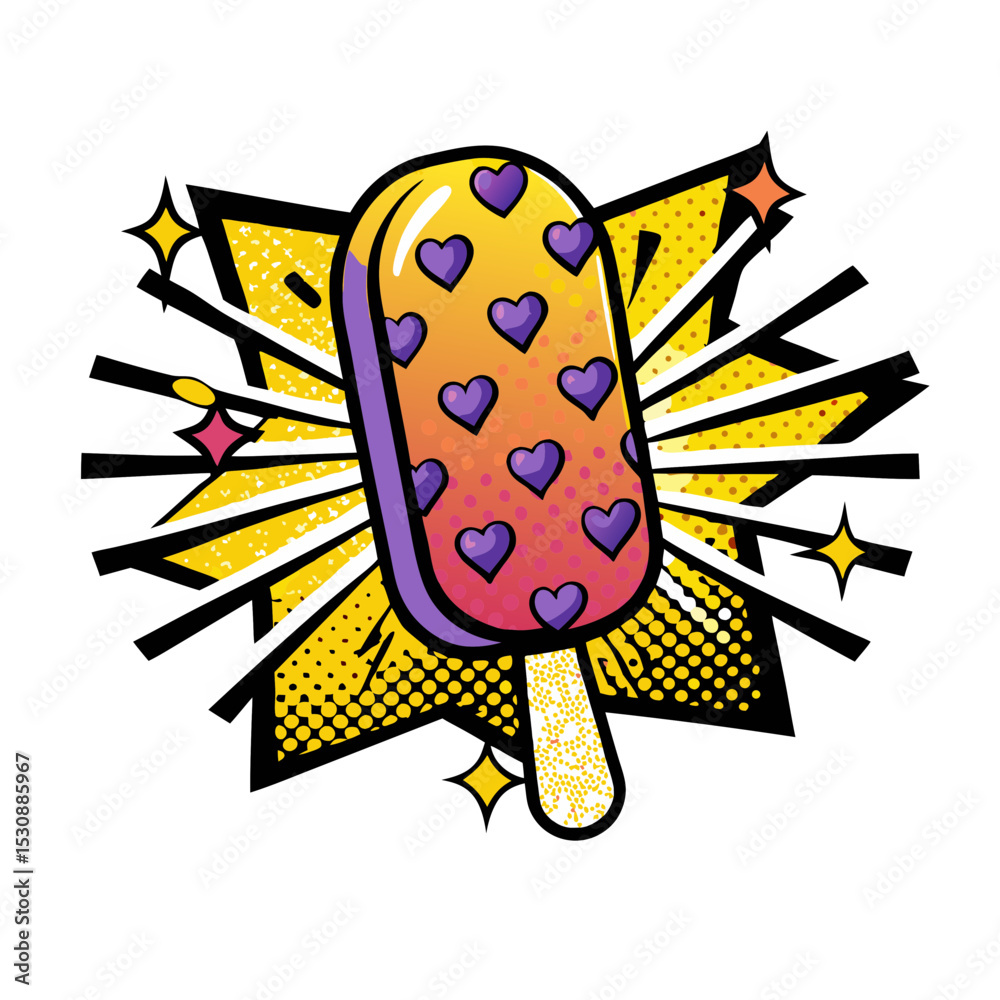 Fototapeta premium Ice cream pop with hearts in comic book style, pop art, transparent background, isolated vector image 