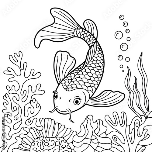 Line drawing of a beautiful fish coloring page