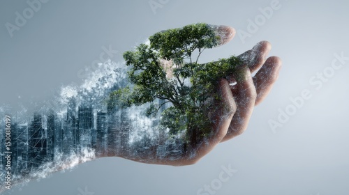 Green development image showing human hand and nature linked by energy-saving technology..