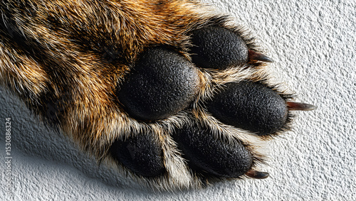 Close-up of a wild animal paw with distinctive pads and fur texture, showcasing the intricate details of nature and wildlife in a natural setting. Selective focus