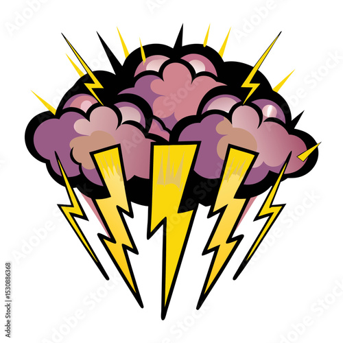 Lightning burst with clouds and bolts in comic book pop art style, isolated vector image, transparent background  