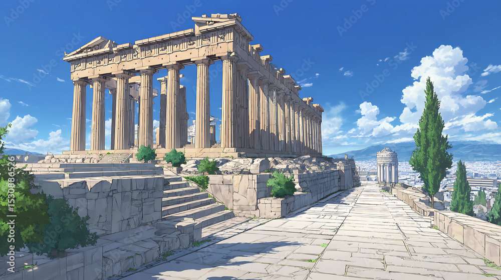 Fototapeta premium Ancient Greek temple ruins under a clear blue sky, surrounded by lush greenery and distant mountains