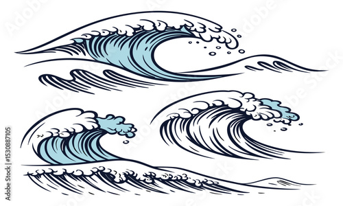 Ocean waves sketch sea tidal blue wave
set of sea shells vector illustration of an  in the sea