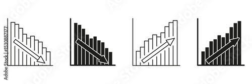 Bar Chart With Arrows Line And Solid Icon Set. Financial Growth And Decline Trend Analysis Symbol Collection. Economic Performance Indicators. Isolated Vector Illustration