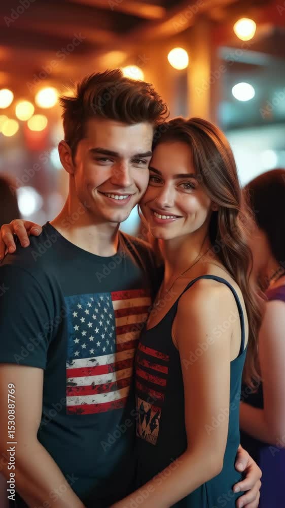 Cheerful couple wearing American flag t-shirts enjoys a festive atmosphere, celebrating patriotism and unity with smiles and joy Cheerful couple wearing American flag t-shirts enjoys a festive atmosphere, celebrating patriotism and unity with smiles and joy