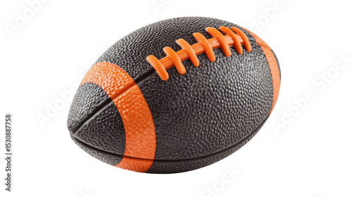 Classic foam football ball rotating, showing its textured surface and orange stripes, isolated on transparent background, perfect for sports related projects