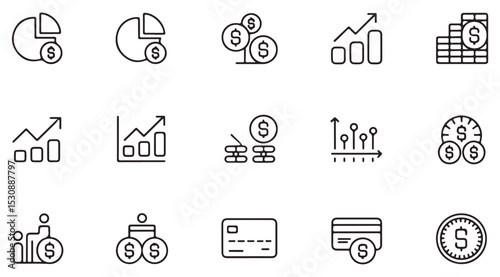 Collection of Black and White Line Art Icons Depicting Financial Growth Investment and Payment Methods Including Pie Charts Bar Graphs Upward Trending Lines Stacks of Coins Credit Cards and