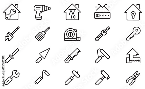Collection of Black and White Line Art Icons Depicting Various Home Repair and Construction Tools Including Wrenches Screwdrivers Hammers Saws Measuring Tape Paint Rollers Trowels and House