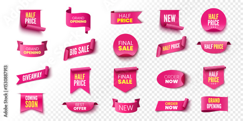 Sale banners. Pink ribbons, tags and stickers. Vector illustration.