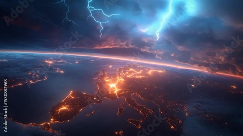 City lights on earth view from space at night with colorful horizon and dramatic clouds