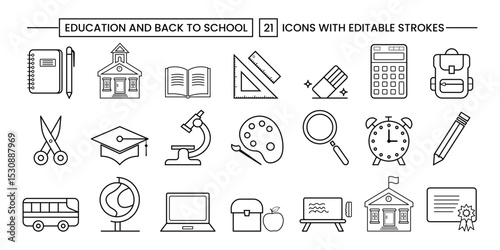 Education and Back to School Vector Icon Set. Editable Stroke Icons for Learning, Teaching, and Study Tools.