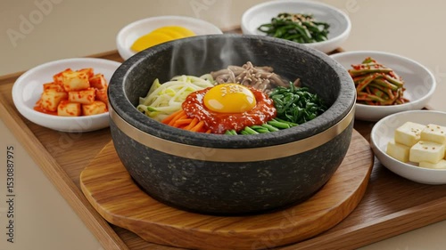 Delectable Korean Cuisine: A culinary masterpiece featuring a vibrant bowl of bibimbap surrounded by a selection of complementary side dishes, offering a feast for the eyes and the palate.