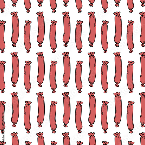 Seamless repeating pattern of hand-drawn red sausages on a white background. Fun and quirky food-themed design suitable for packaging, fabric, kitchen wallpaper, wrapping paper, and culinary projects.