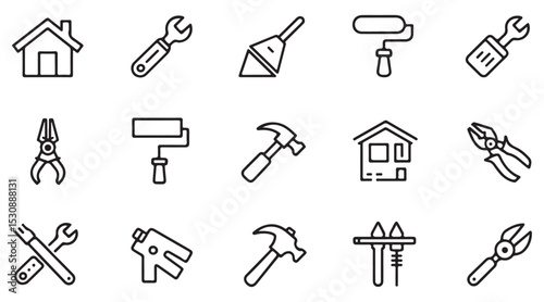 Collection of Black and White Line Art Icons Depicting Home Repair and Construction Tools Including Wrenches Hammers Pliers Paint Rollers and House Illustrations Suitable for D I Y Home