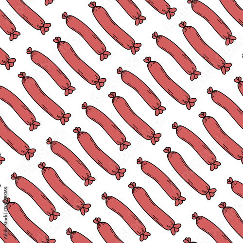 Seamless repeating pattern of hand-drawn red sausages on a white background. Fun and quirky food-themed design suitable for packaging, fabric, kitchen wallpaper, wrapping paper, and culinary projects.
