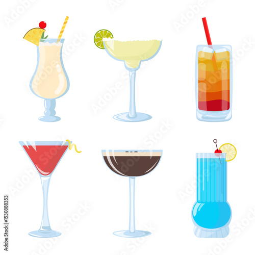 Set of 6 Popular Cocktails in Flat Style: Cosmopolitan, Sex on the Beach, Espresso Martini, Blue Lagoon, Margarita, Pina Colada