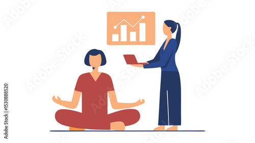 Person meditating while colleague presents data chart on laptop in office environment setting scene