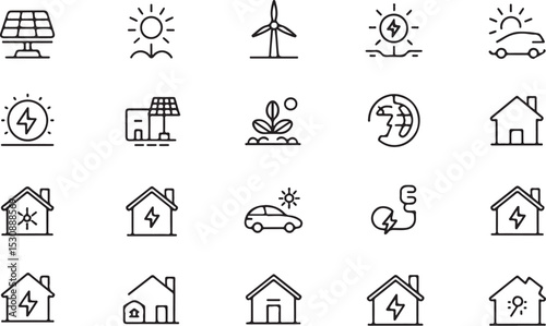 Collection of Twenty Black Line Icons Depicting Renewable Energy Sources Sustainable Living and Eco Friendly Homes Solar Panels Wind Turbines Electric Cars and Plant Growth Symbols