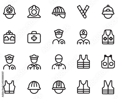 Collection of Black Outline Icons Depicting Safety Equipment and Personnel Including Firefighter Helmet Diving Helmet Construction Helmet Police Baton Chef Hat First Aid Kit Police Officer