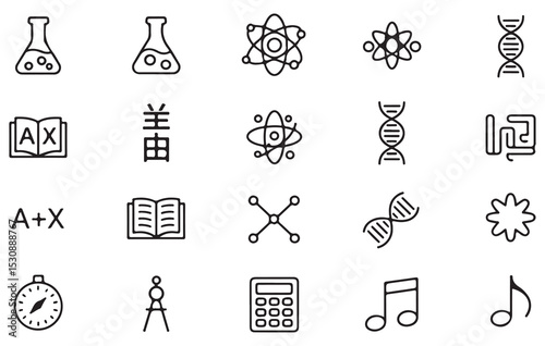 Collection of Black and White Line Icons Depicting Scientific Concepts Educational Symbols Musical Notes Mathematical Formulas and a Labyrinth Design