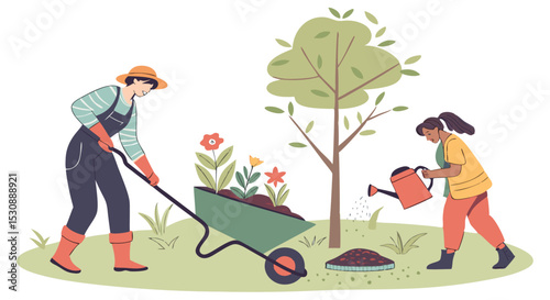 People Gardening Together with Plants and Trees – Flat Vector Illustration