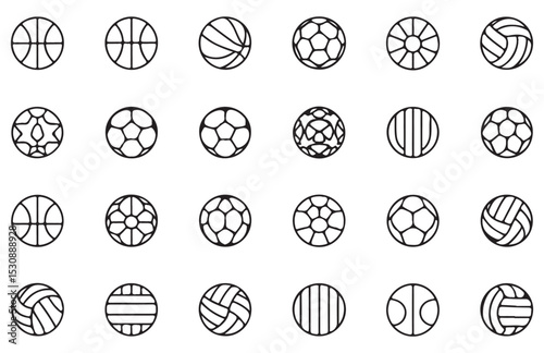Collection of Twenty Four Black and White Line Art Sport Ball Icons Basketball Soccer Football Volleyball Designs Graphic Elements
